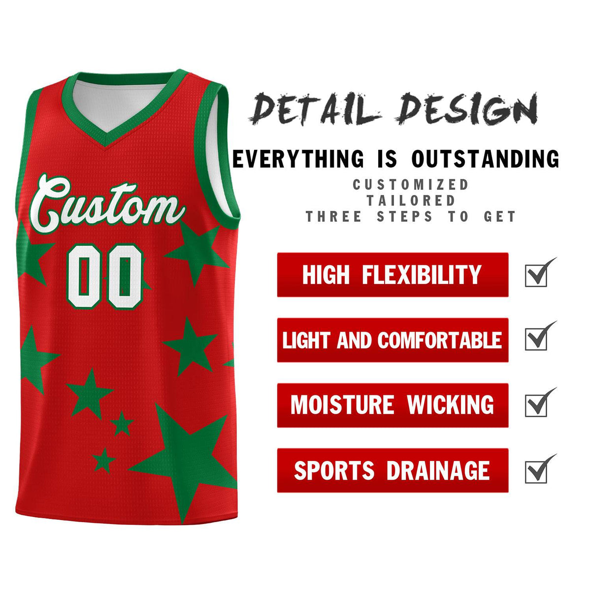 Custom Red Kelly Green Graffiti Pattern Star Print Basketball Kits Sets