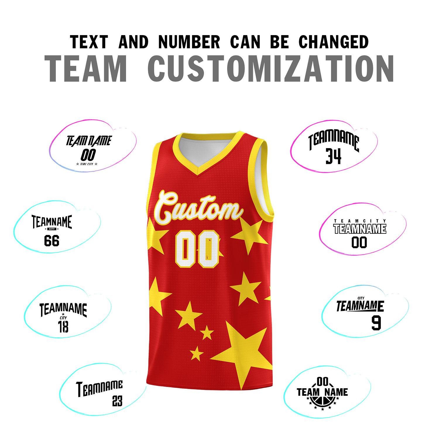 Custom Red Gold Graffiti Pattern Star Print Basketball Kits Sets