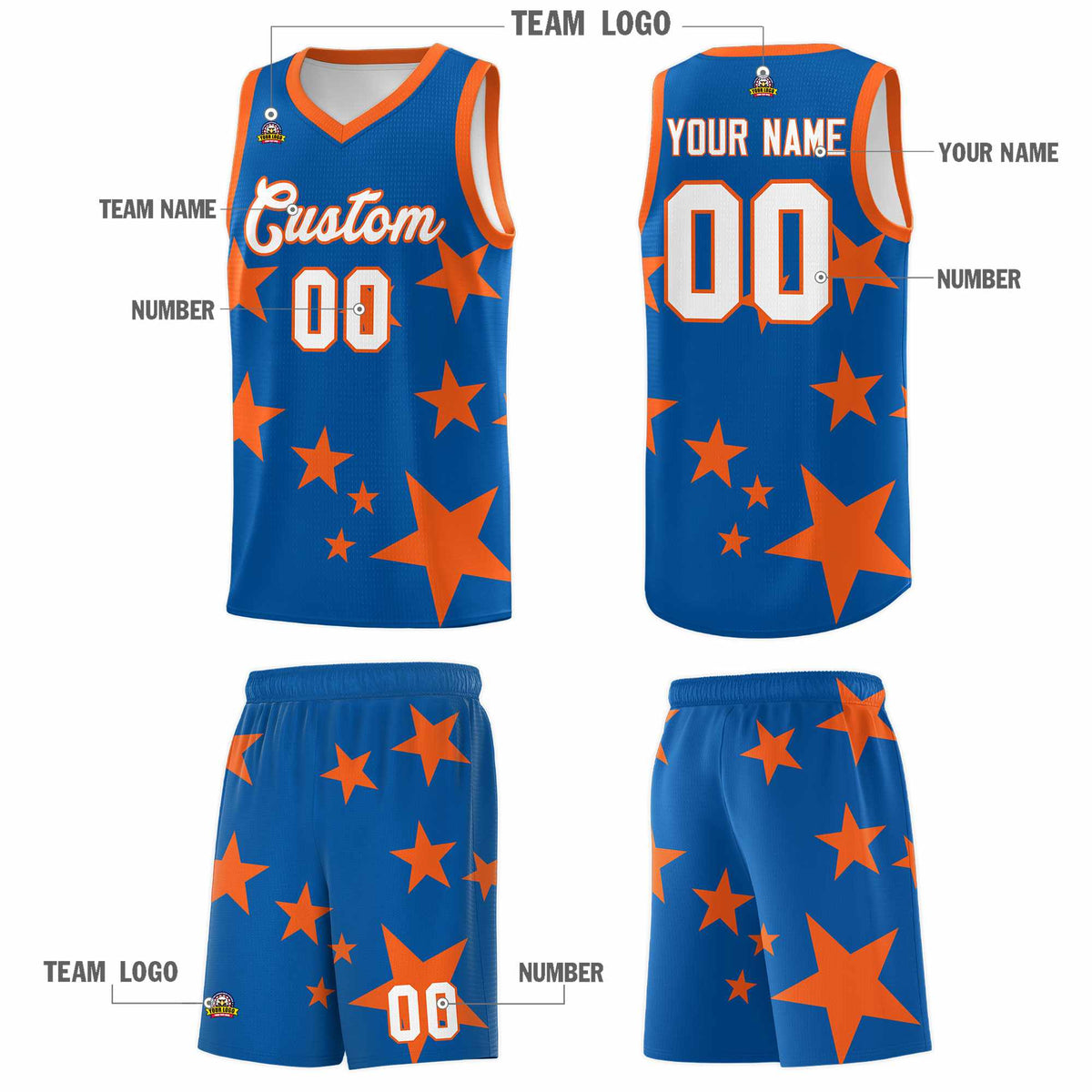 Custom Royal Orange Graffiti Pattern Star Print Basketball Kits Sets