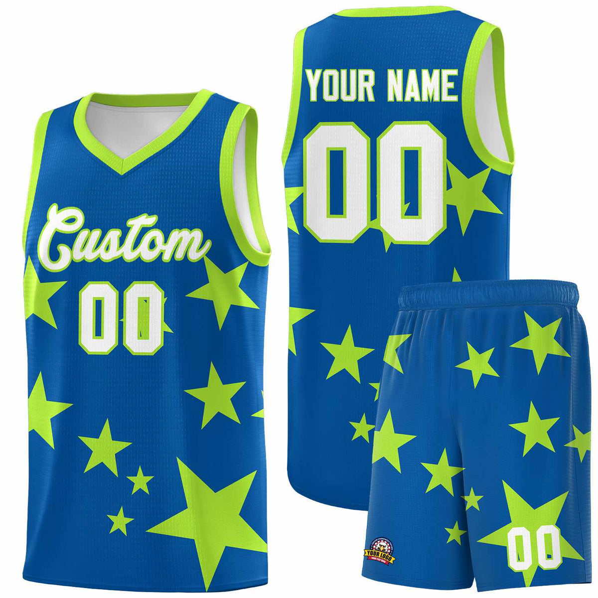 Custom Royal Light Green Graffiti Pattern Star Print Basketball Kits Sets