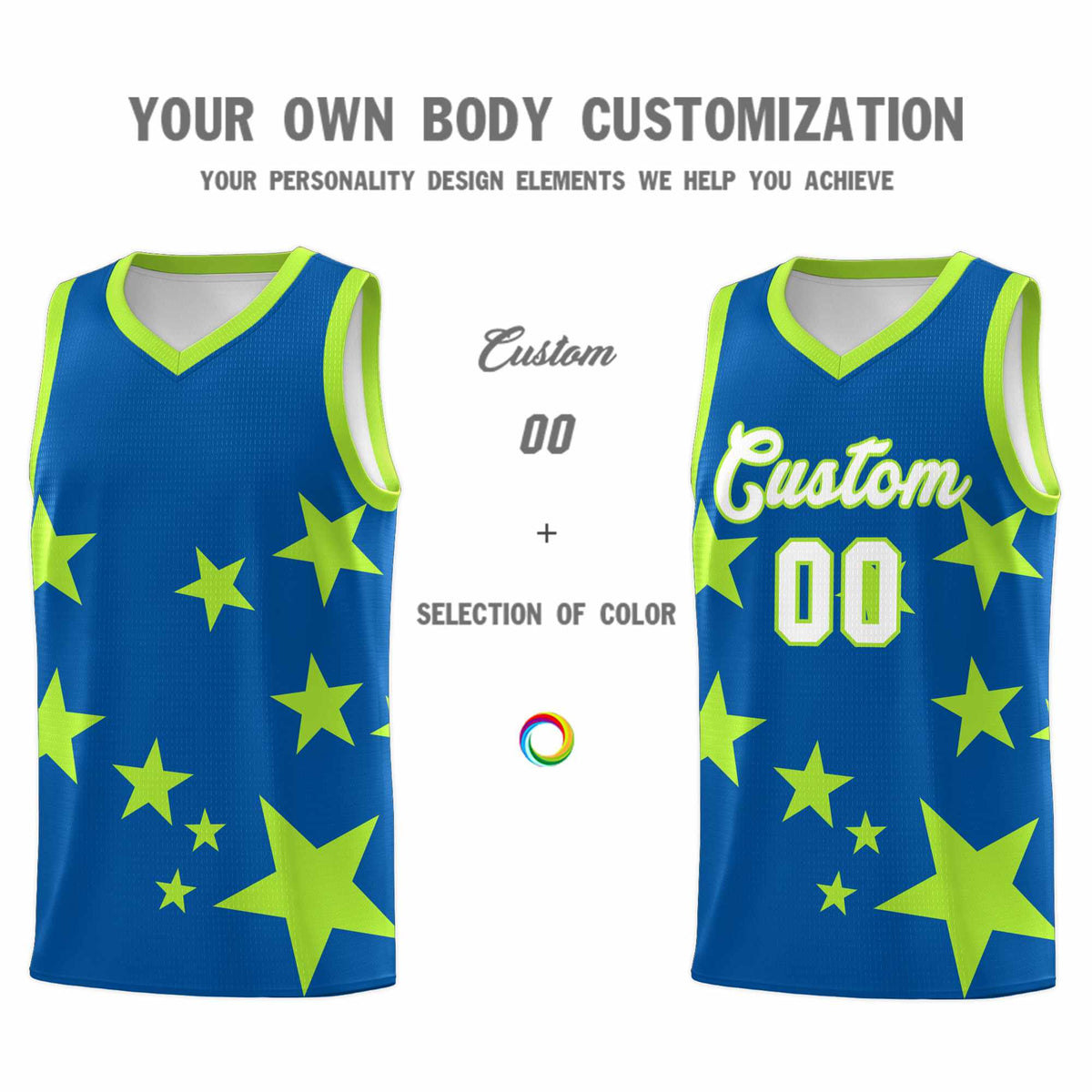 Custom Royal Light Green Graffiti Pattern Star Print Basketball Kits Sets