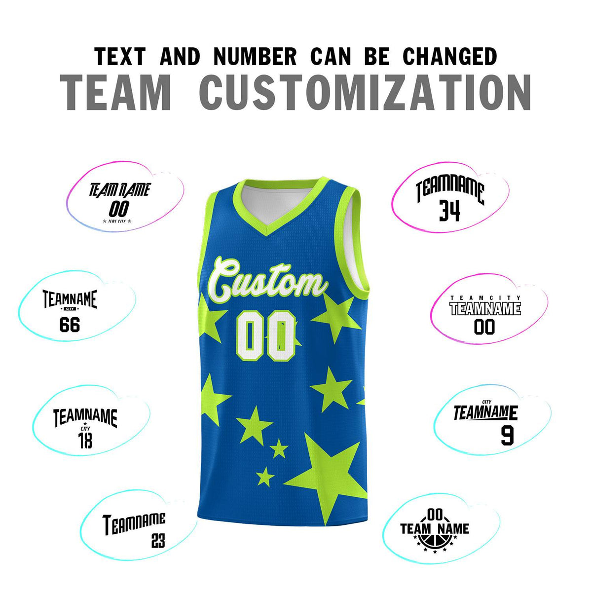 Custom Royal Light Green Graffiti Pattern Star Print Basketball Kits Sets