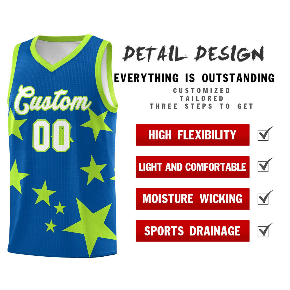 Custom Royal Light Green Graffiti Pattern Star Print Basketball Kits Sets