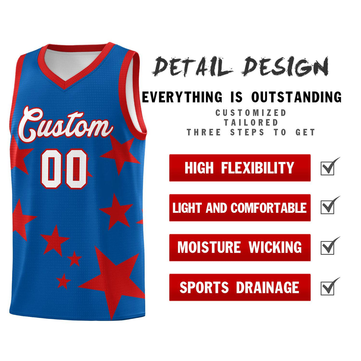 Custom Royal Red Graffiti Pattern Star Print Basketball Kits Sets