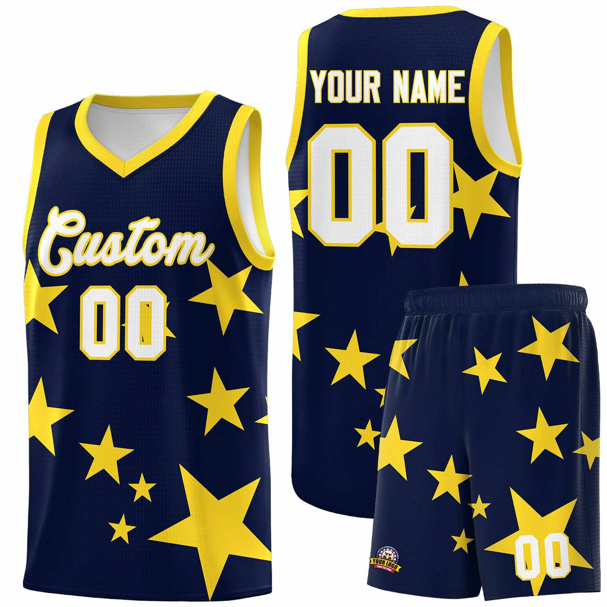 Custom Navy Gold Graffiti Pattern Star Print Basketball Kits Sets