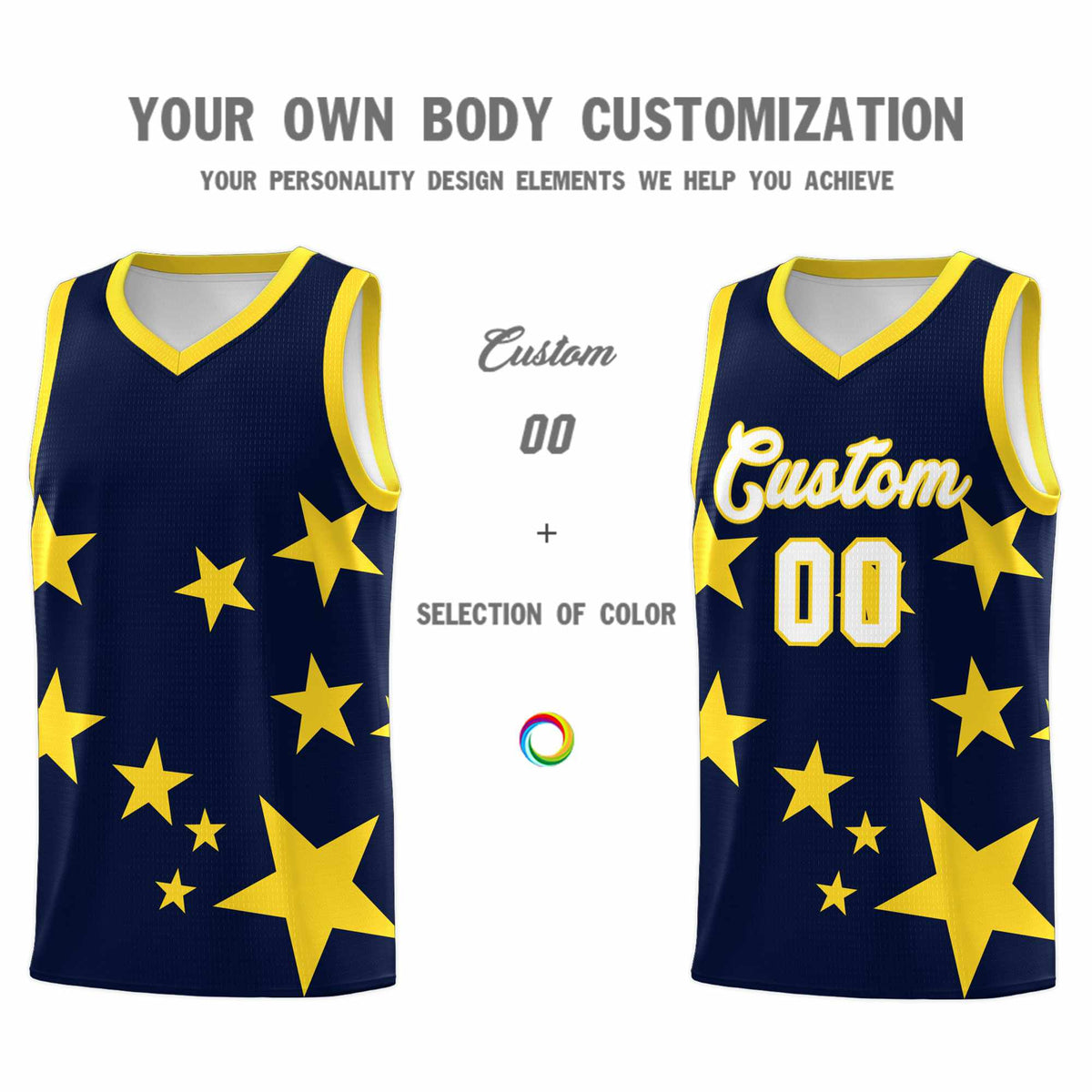 Custom Navy Gold Graffiti Pattern Star Print Basketball Kits Sets