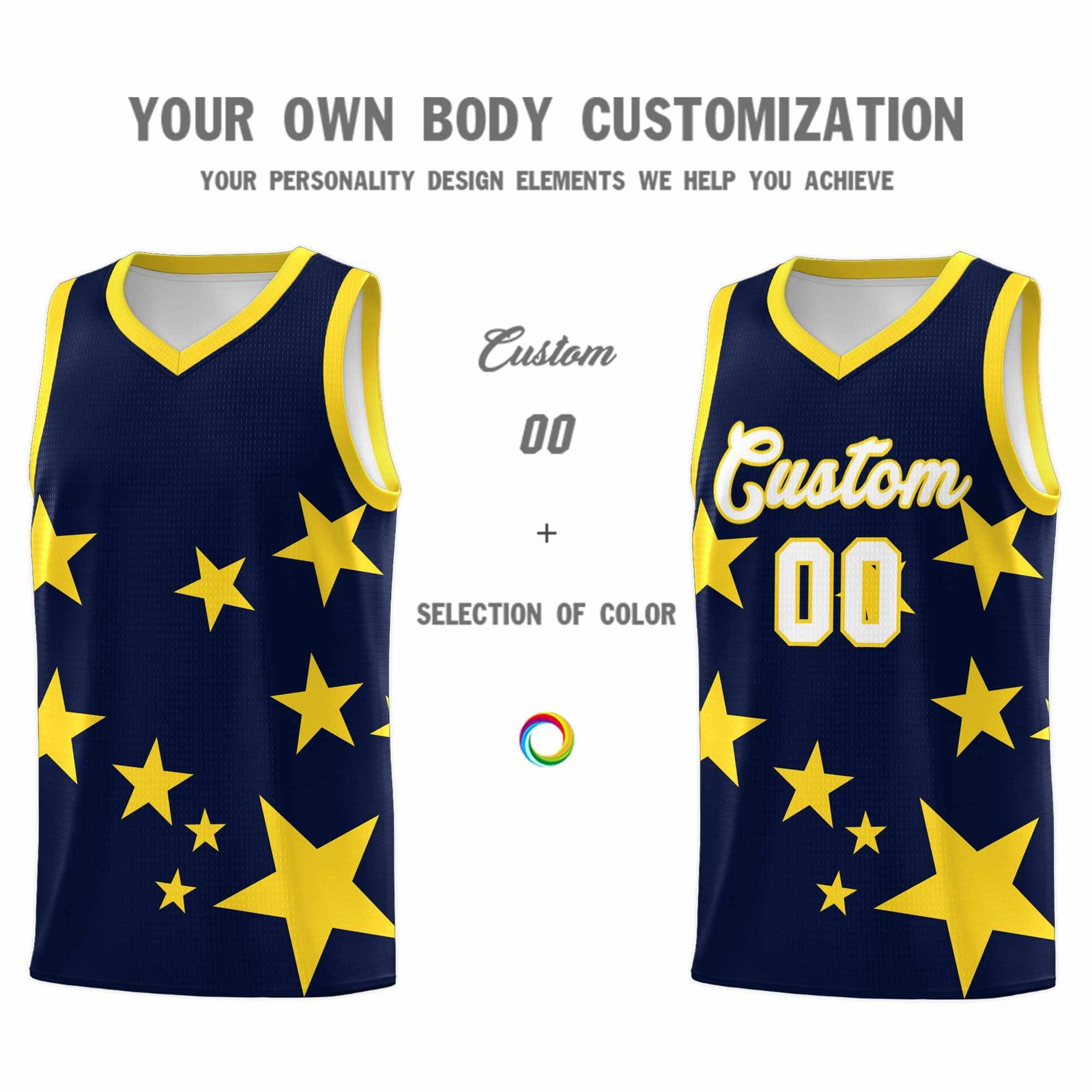 Custom Navy Gold Graffiti Pattern Star Print Basketball Kits Sets