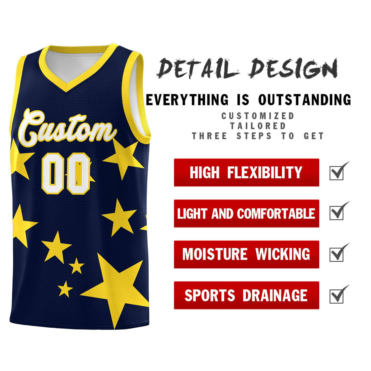 Custom Navy Gold Graffiti Pattern Star Print Basketball Kits Sets