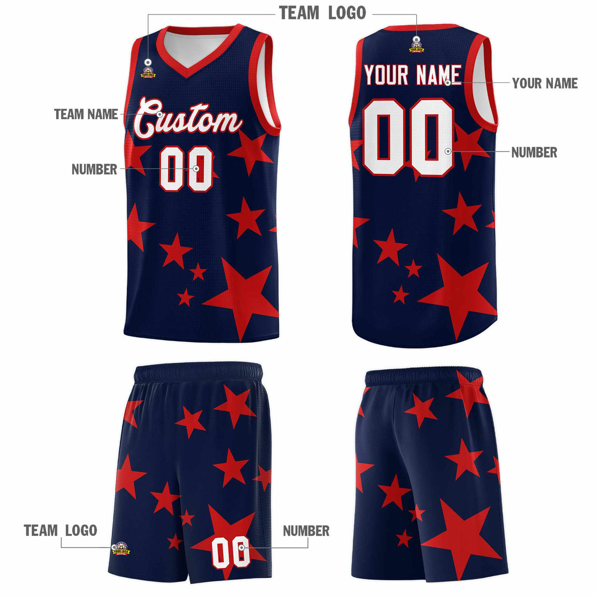 Custom Navy Red Graffiti Pattern Star Print Basketball Kits Sets