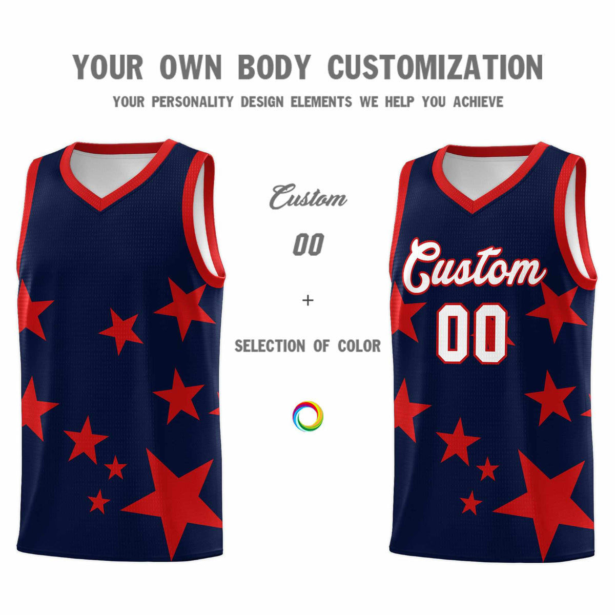 Custom Navy Red Graffiti Pattern Star Print Basketball Kits Sets