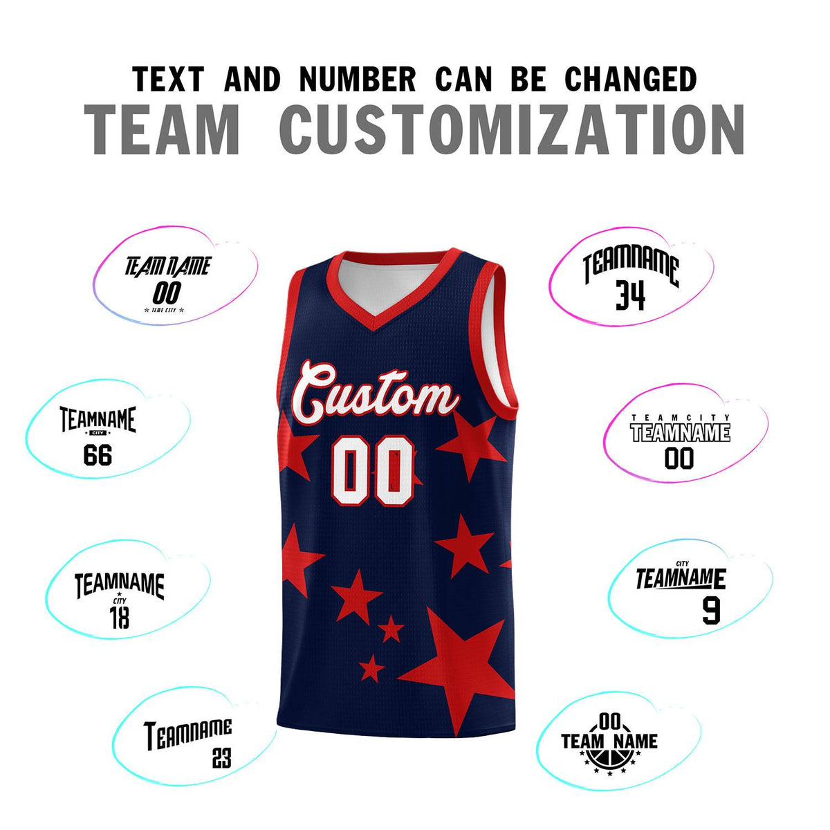 Custom Navy Red Graffiti Pattern Star Print Basketball Kits Sets