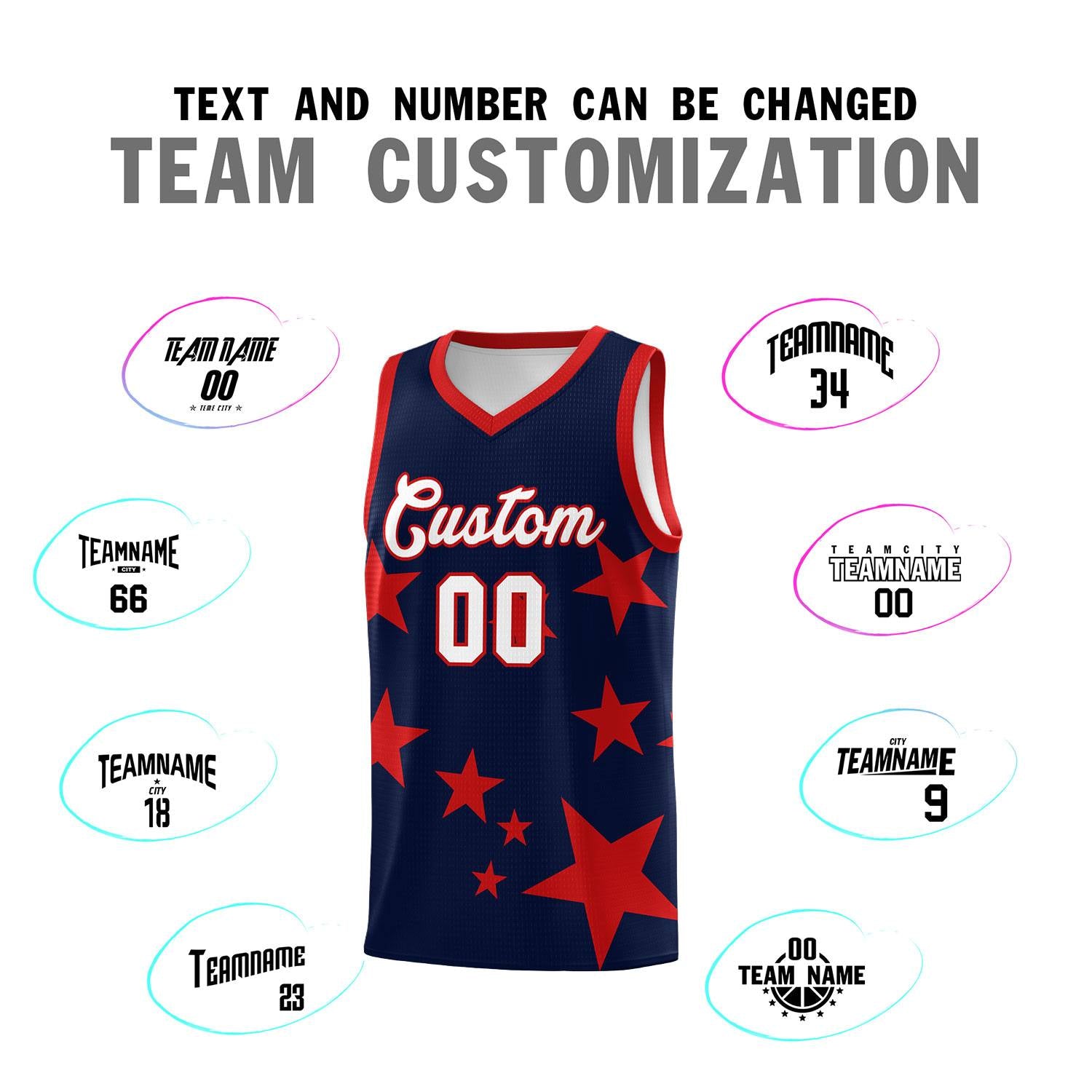 Custom Navy Red Graffiti Pattern Star Print Basketball Kits Sets