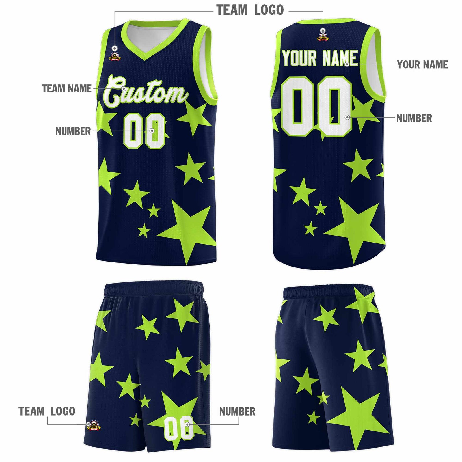 Custom Navy Light Green Graffiti Pattern Star Print Basketball Kits Sets
