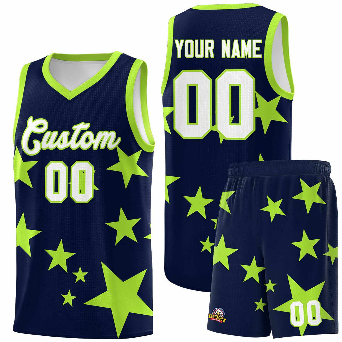 Custom Navy Light Green Graffiti Pattern Star Print Basketball Kits Sets