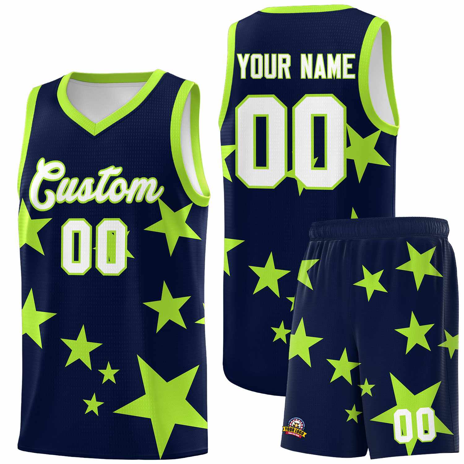 Custom Navy Light Green Graffiti Pattern Star Print Basketball Kits Sets