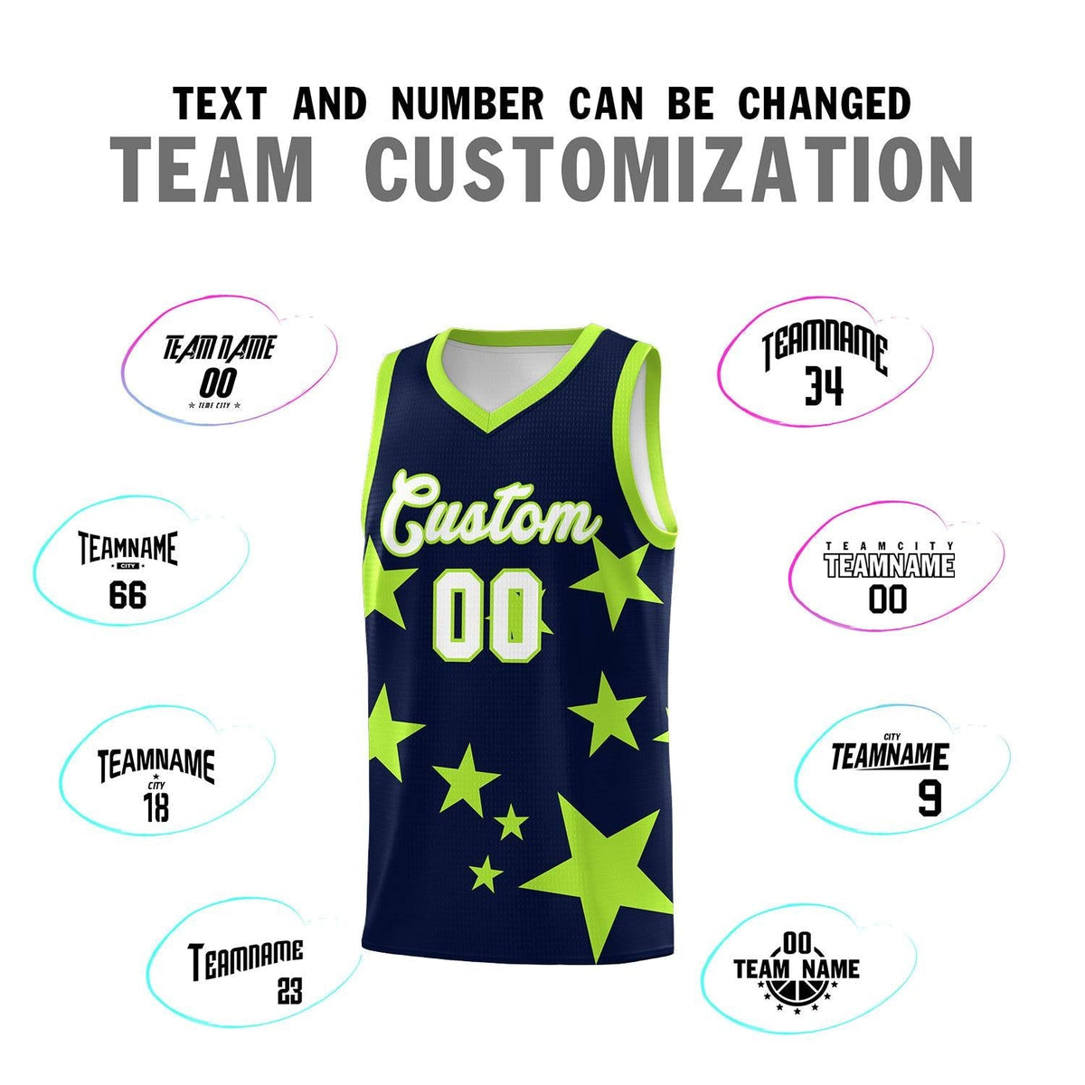 Custom Navy Light Green Graffiti Pattern Star Print Basketball Kits Sets