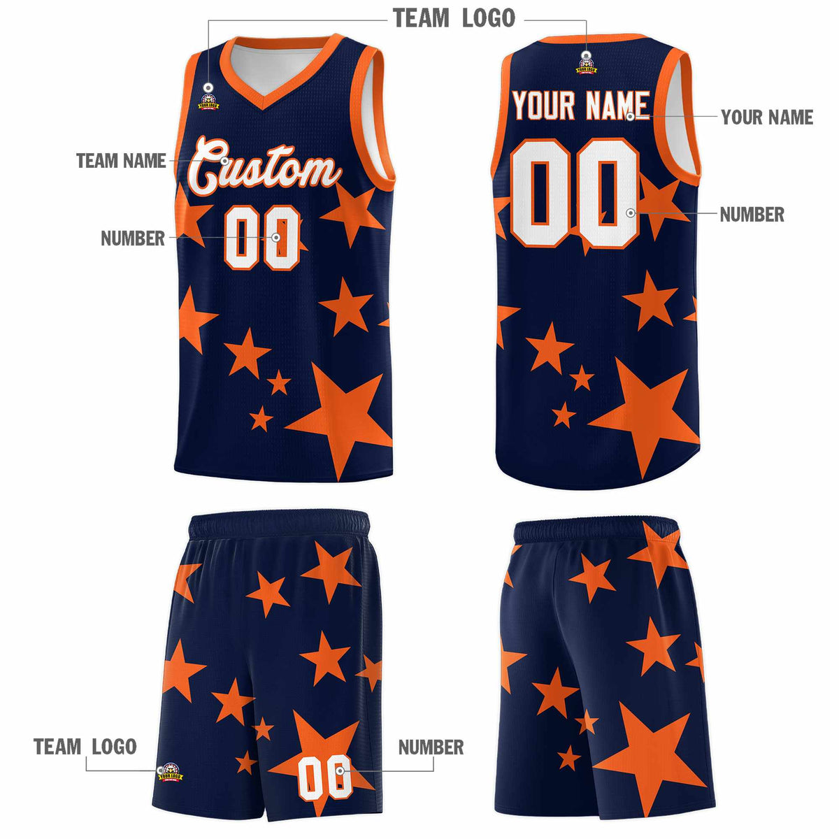 Custom Navy Orange Graffiti Pattern Star Print Basketball Kits Sets