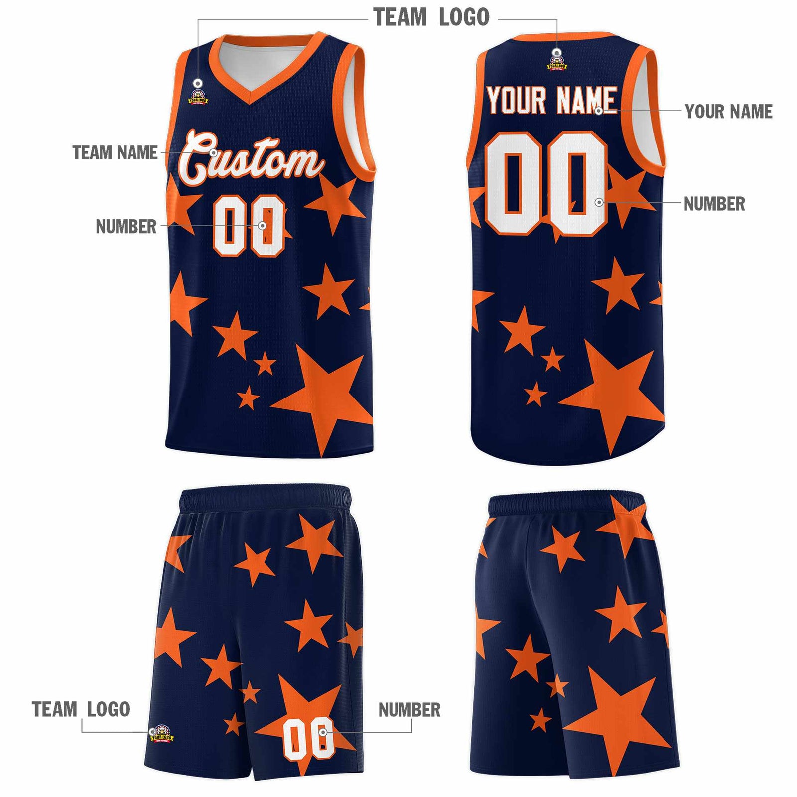 Custom Navy Orange Graffiti Pattern Star Print Basketball Kits Sets