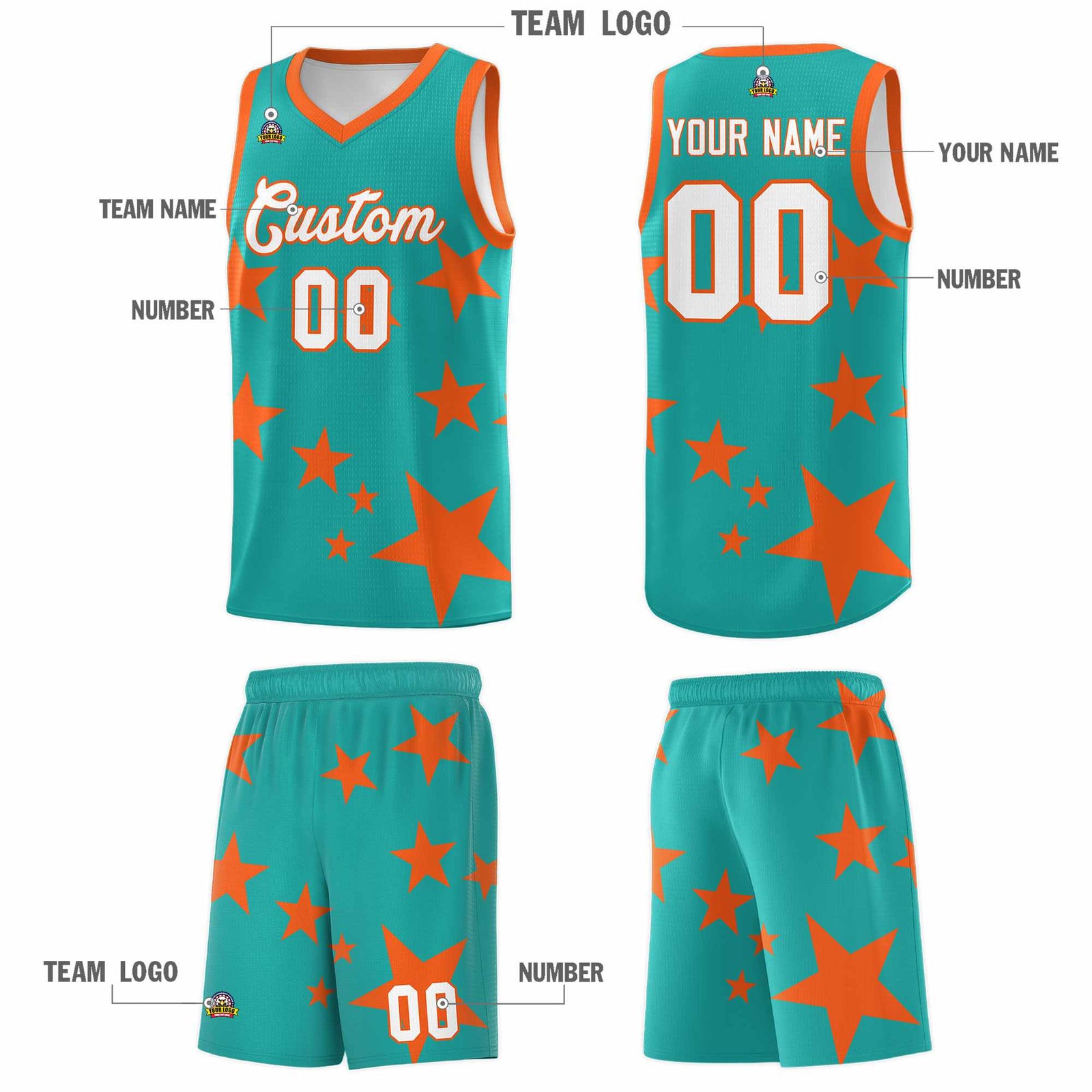Custom Aqua Orange Graffiti Pattern Star Print Basketball Kits Sets