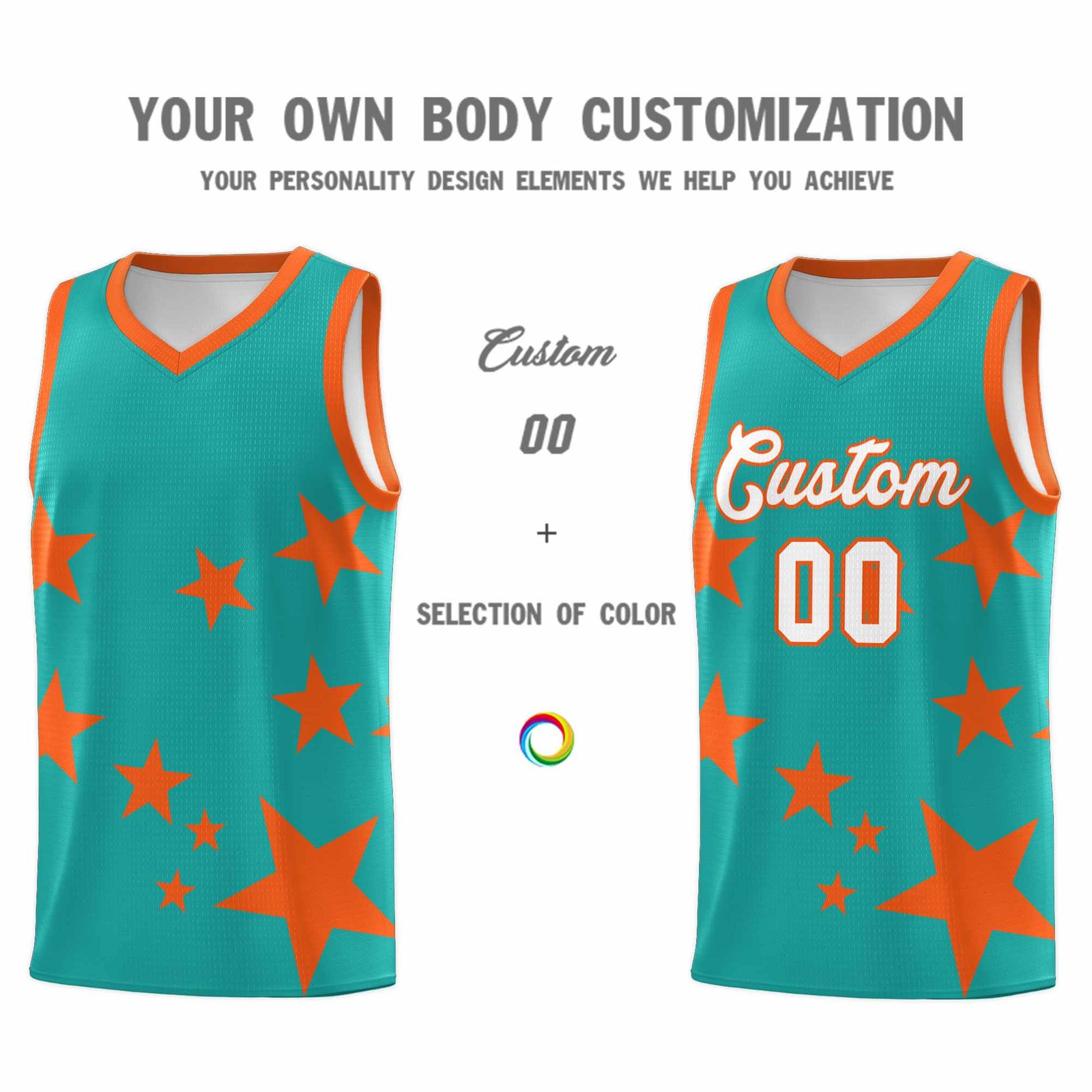 Custom Aqua Orange Graffiti Pattern Star Print Basketball Kits Sets