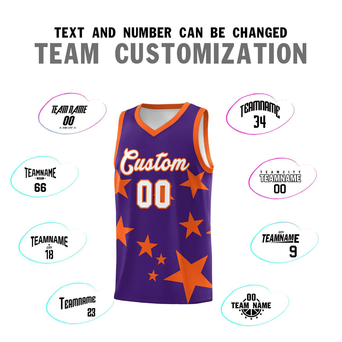 Custom Purple Orange Graffiti Pattern Star Print Basketball Kits Sets