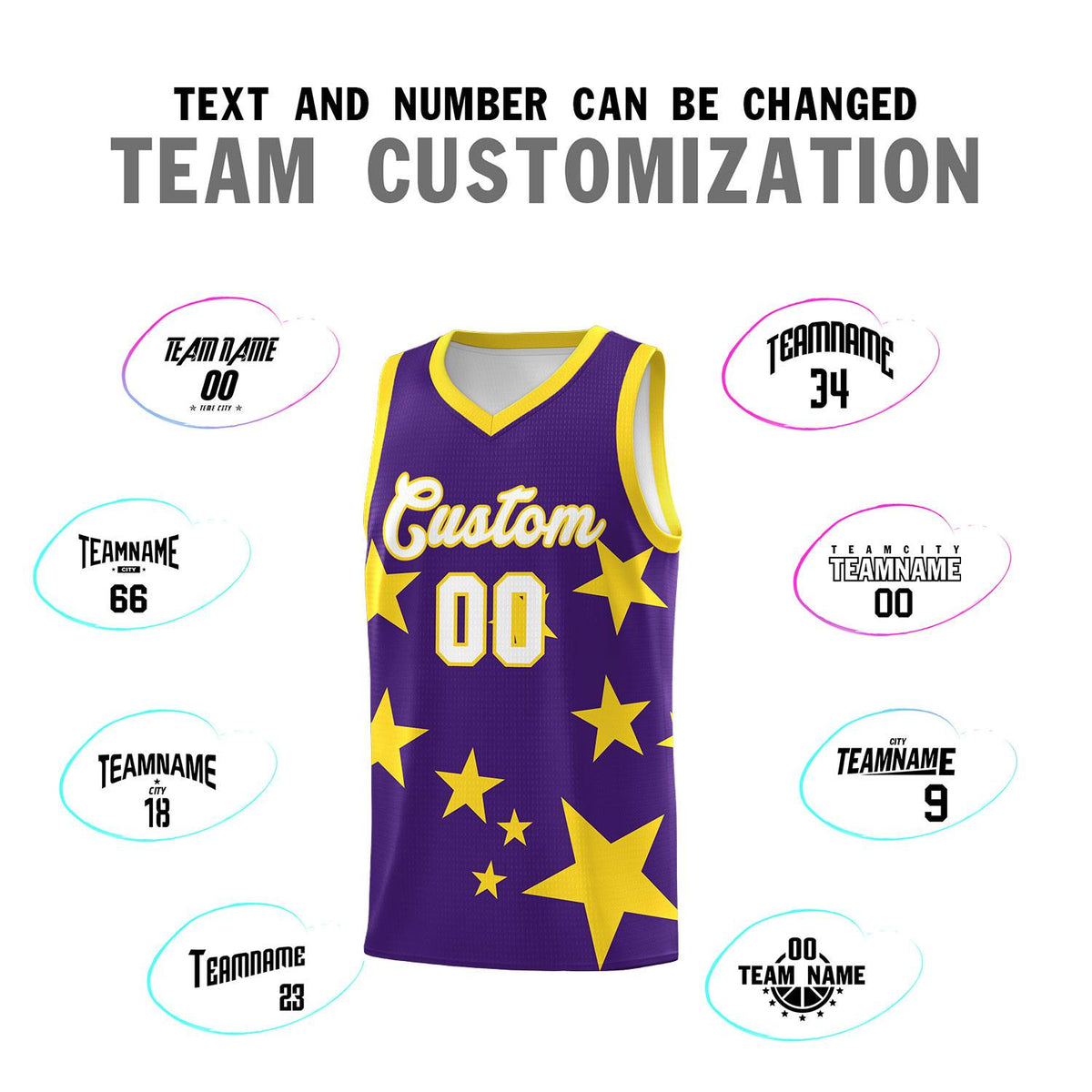 Custom Purple Gold Graffiti Pattern Star Print Basketball Kits Sets