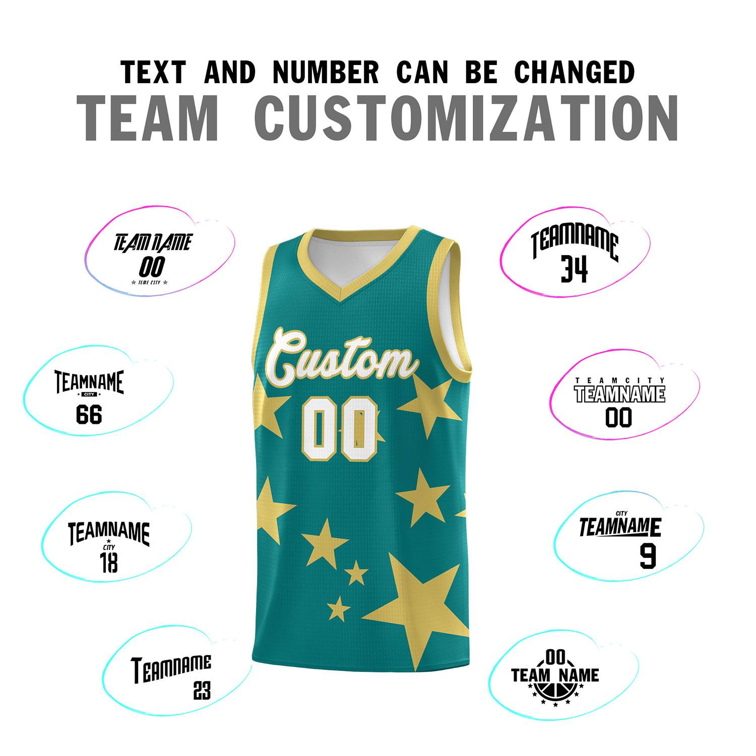 Custom Aqua Old Gold Graffiti Pattern Star Print Basketball Kits Sets