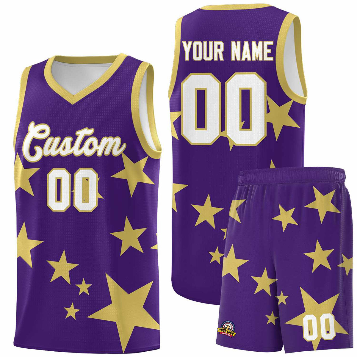 Custom Purple Old Gold Graffiti Pattern Star Print Basketball Kits Sets