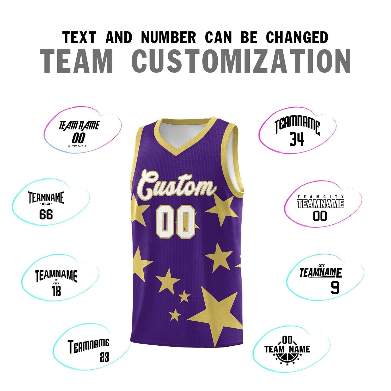 Custom Purple Old Gold Graffiti Pattern Star Print Basketball Kits Sets