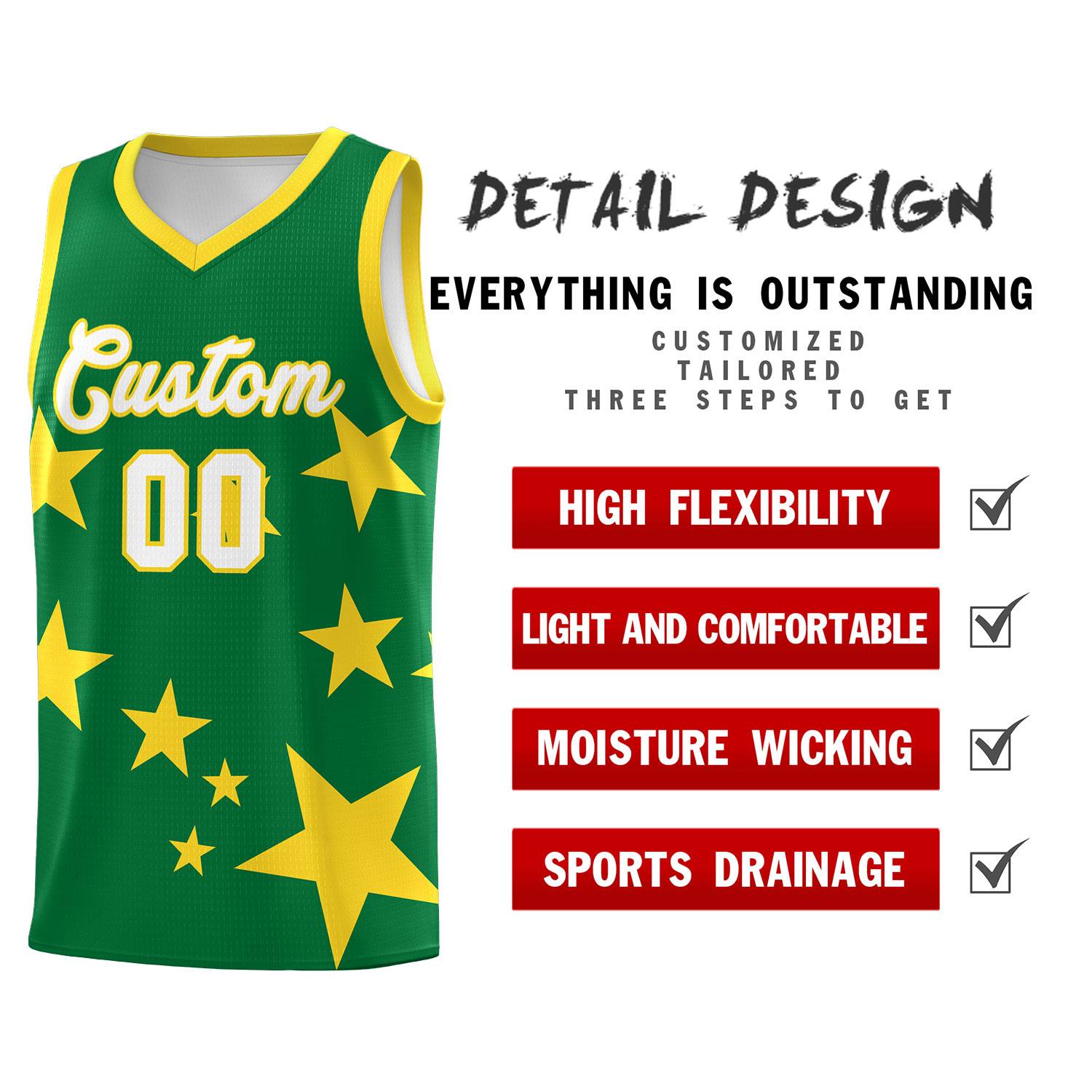 Custom Kelly Green Gold Graffiti Pattern Star Print Basketball Kits Sets