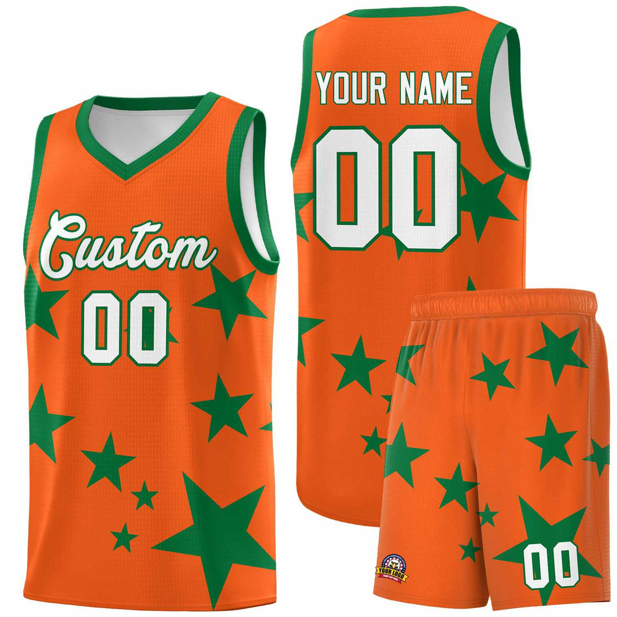 Custom Orange Kelly Green Graffiti Pattern Star Print Basketball Kits Sets