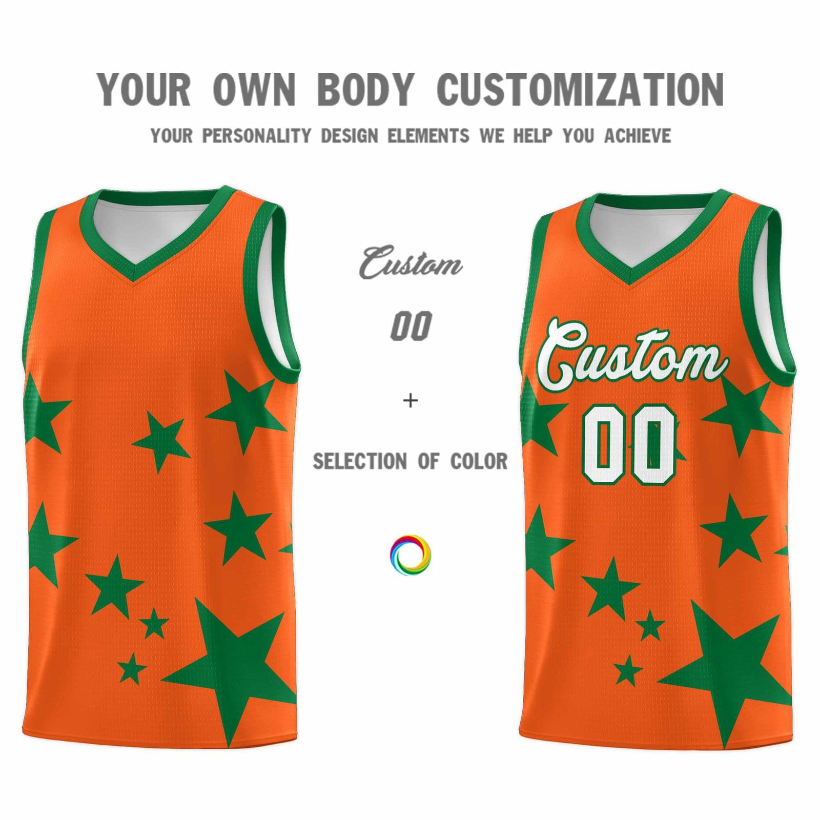 Custom Orange Kelly Green Graffiti Pattern Star Print Basketball Kits Sets