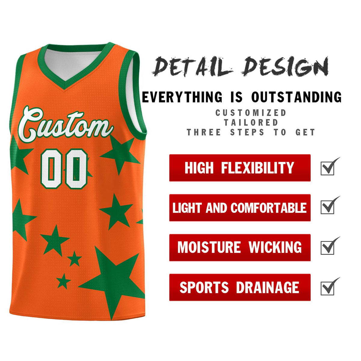 Custom Orange Kelly Green Graffiti Pattern Star Print Basketball Kits Sets