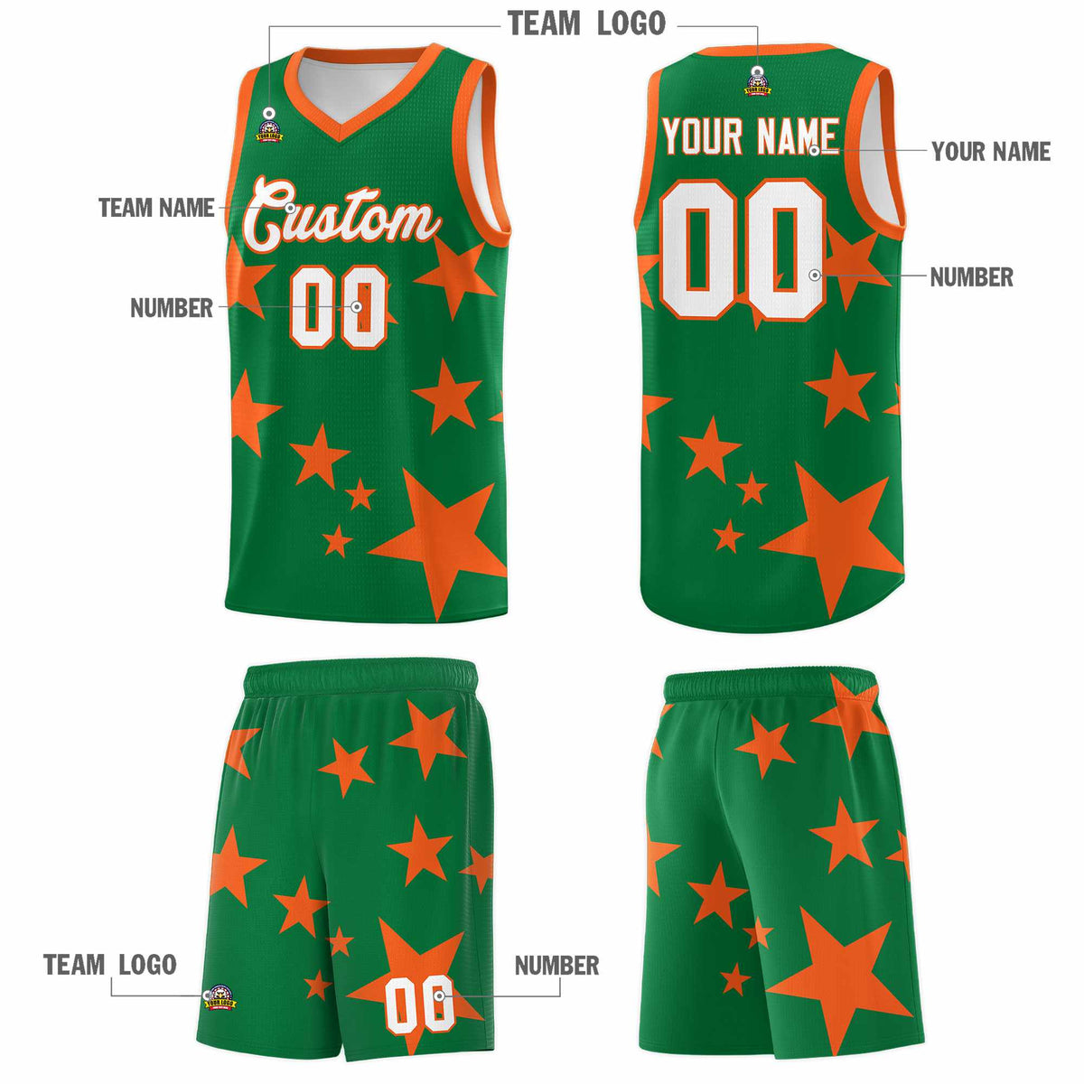 Custom Kelly Green Orange Graffiti Pattern Star Print Basketball Kits Sets