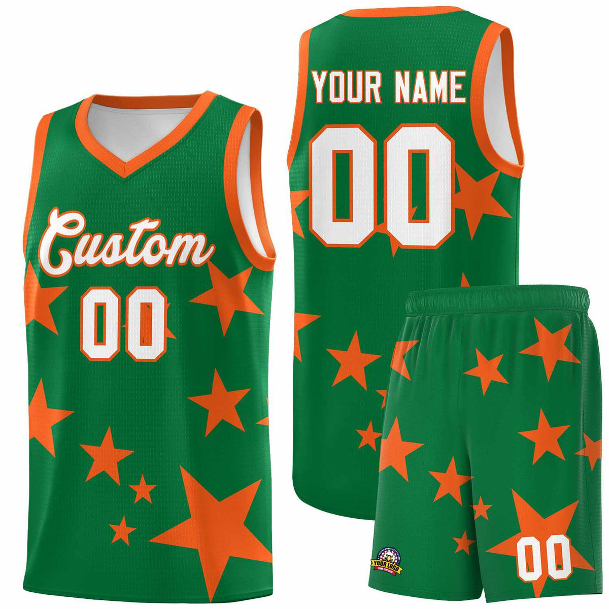 Custom Kelly Green Orange Graffiti Pattern Star Print Basketball Kits Sets
