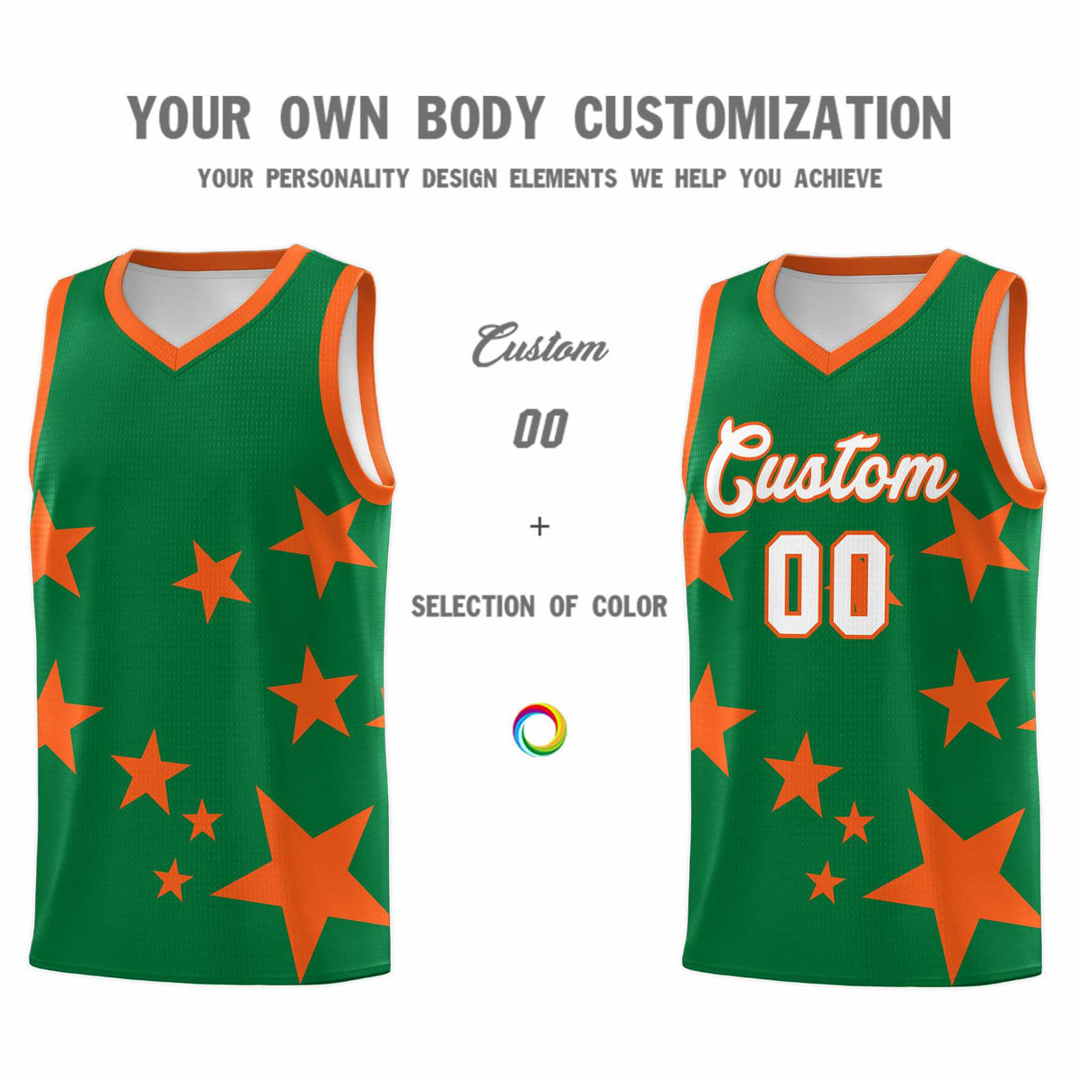 Custom Kelly Green Orange Graffiti Pattern Star Print Basketball Kits Sets