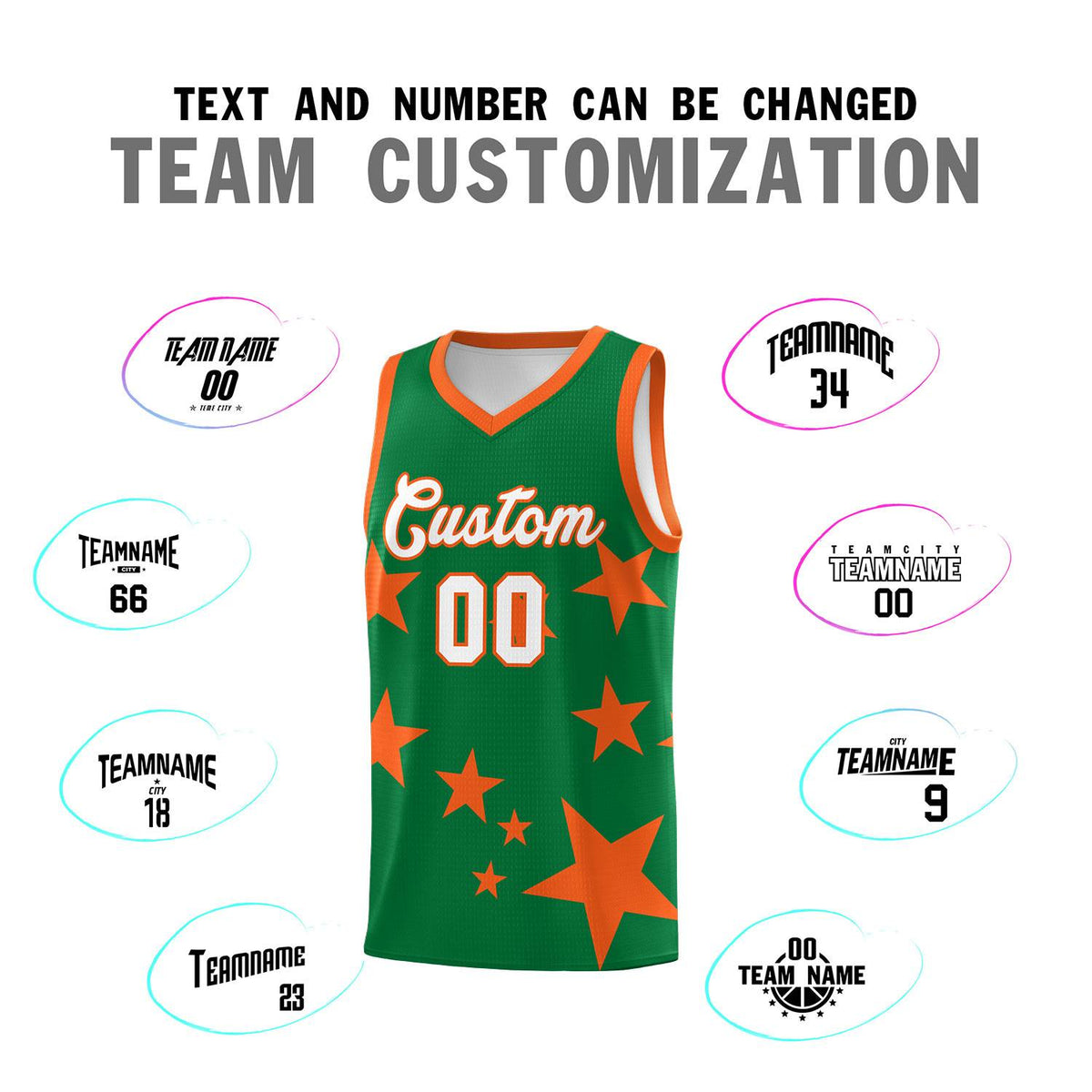 Custom Kelly Green Orange Graffiti Pattern Star Print Basketball Kits Sets