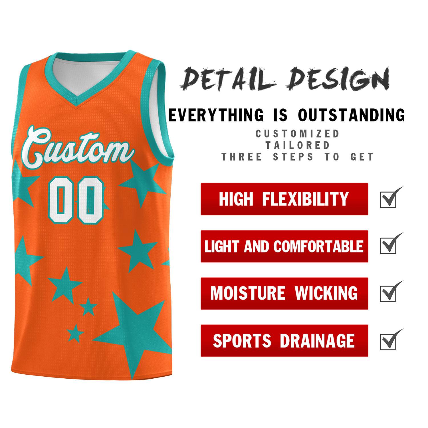 Custom Orange Aqua Graffiti Pattern Star Print Basketball Kits Sets