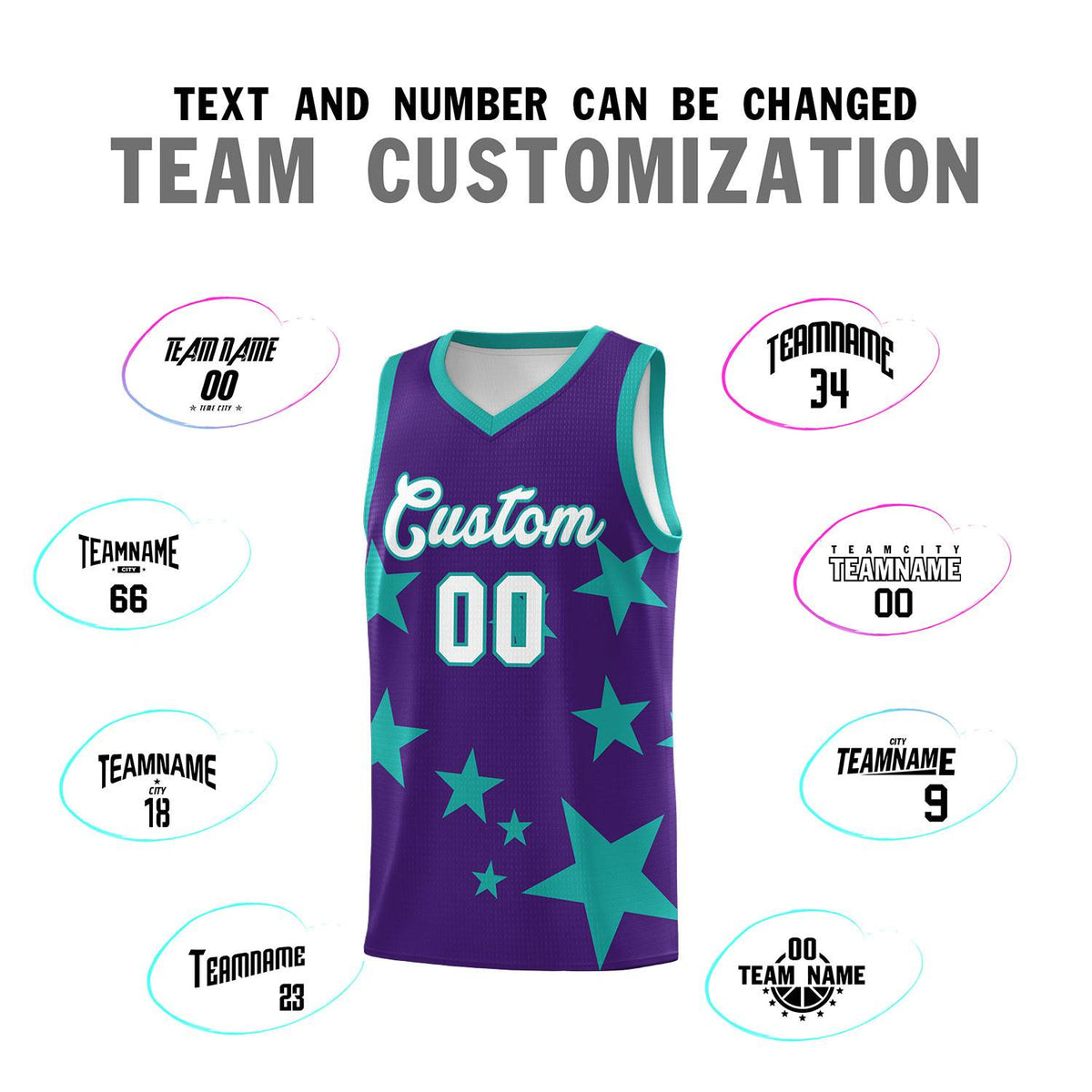 Custom Purple Aqua Graffiti Pattern Star Print Basketball Kits Sets