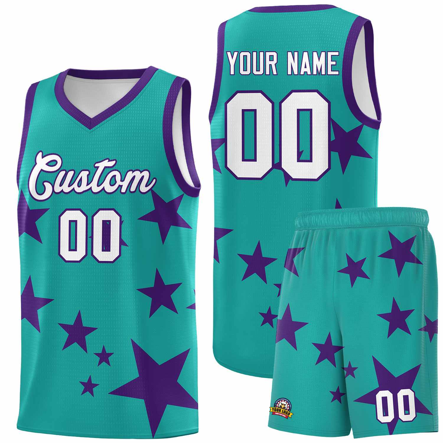 Custom Aqua Purple Graffiti Pattern Star Print Basketball Kits Sets