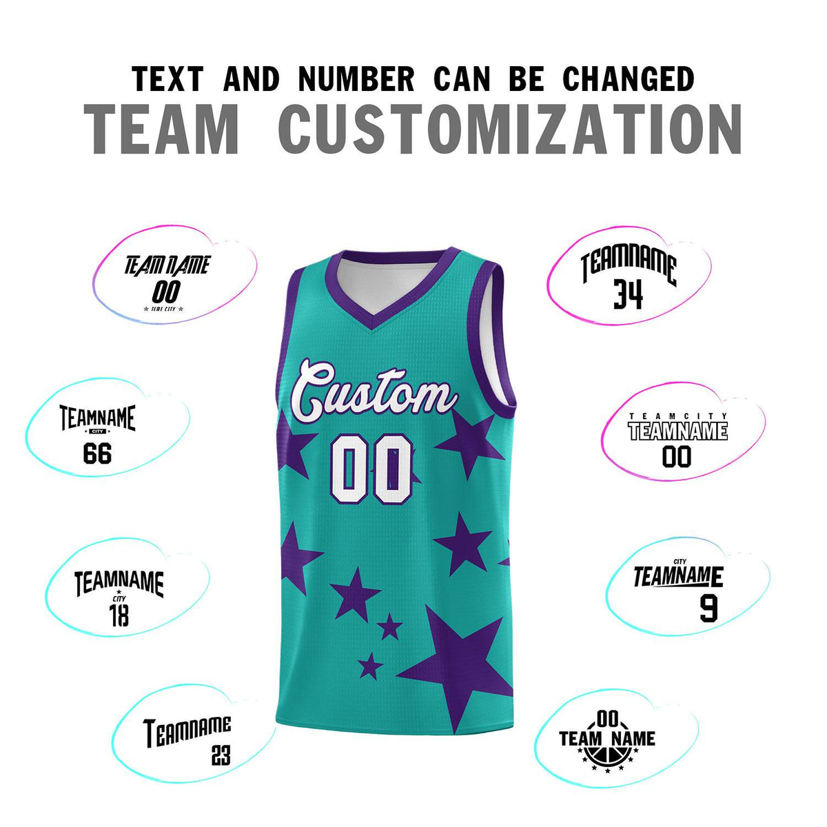 Custom Aqua Purple Graffiti Pattern Star Print Basketball Kits Sets
