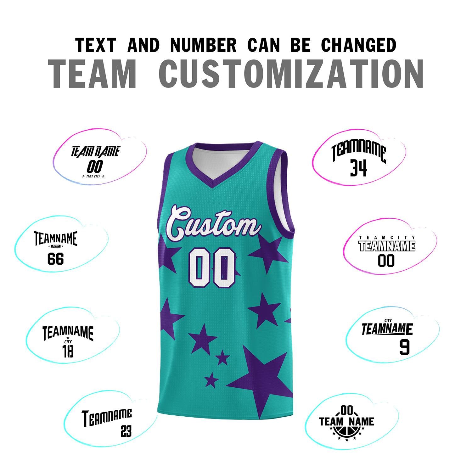 Custom Aqua Purple Graffiti Pattern Star Print Basketball Kits Sets