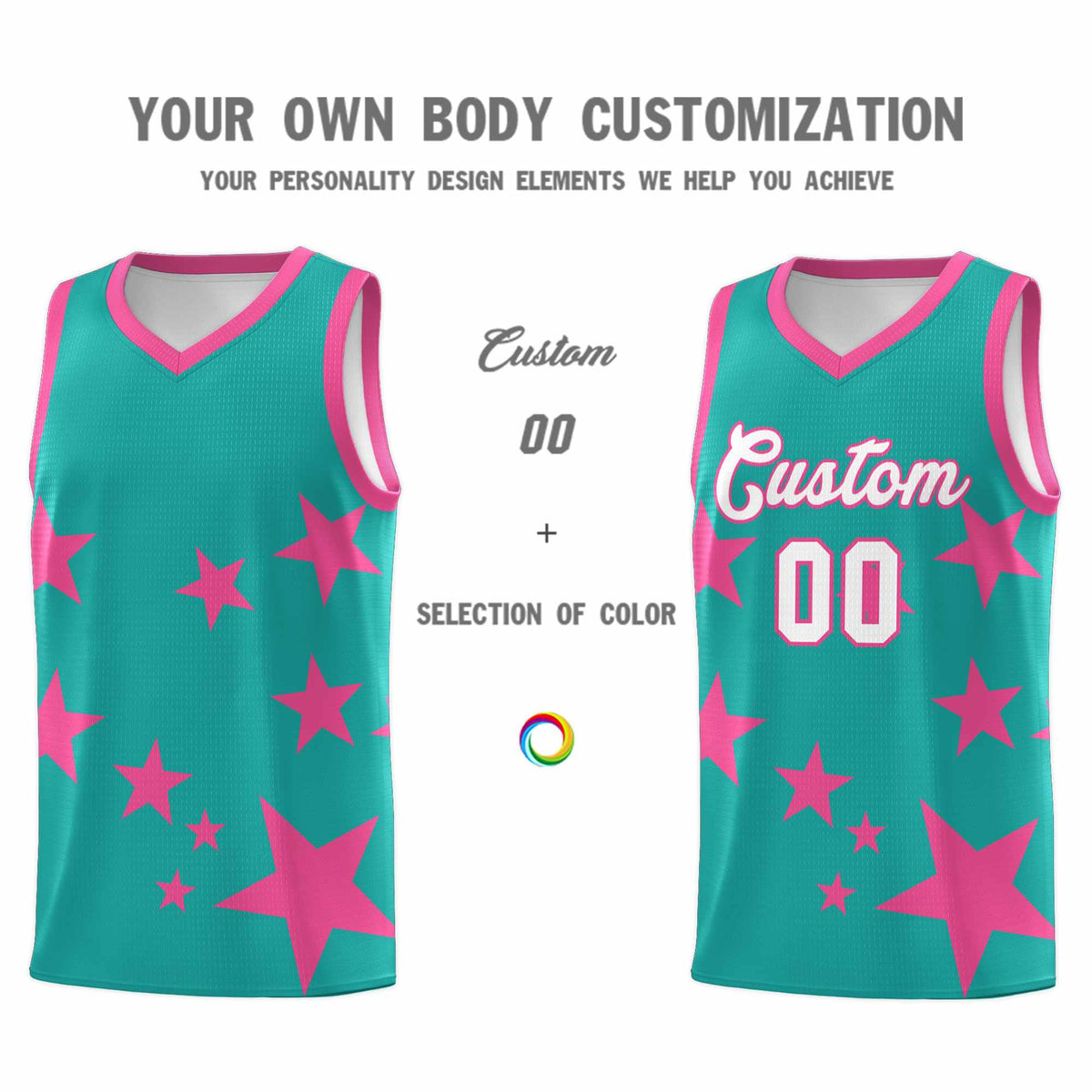 Custom Aqua Pink Graffiti Pattern Star Print Basketball Kits Sets