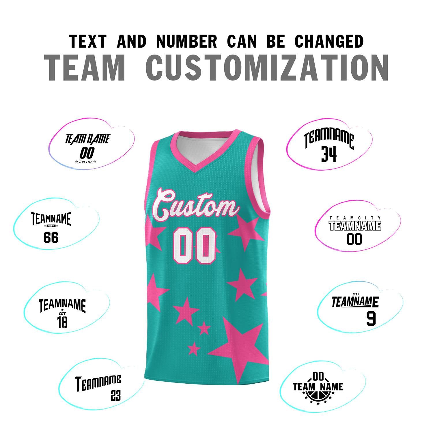 Custom Aqua Pink Graffiti Pattern Star Print Basketball Kits Sets