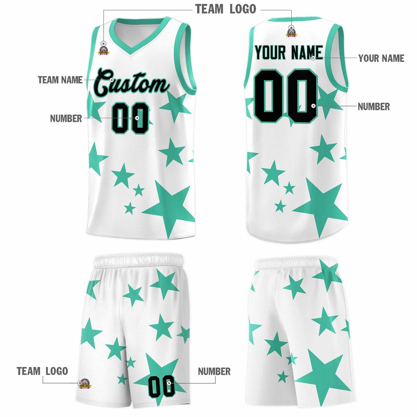 Custom White Bright Green Graffiti Pattern Star Print Basketball Kits Sets