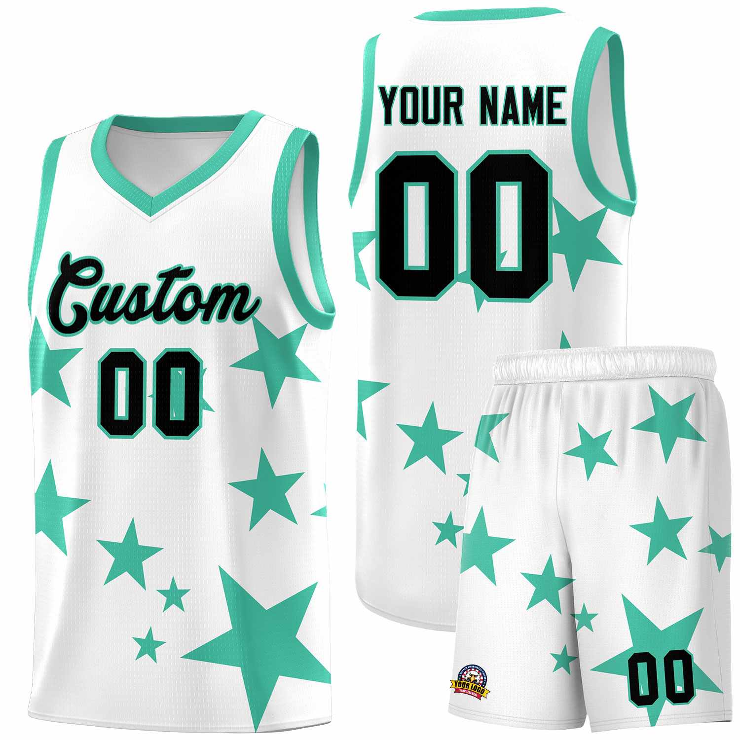 Custom White Bright Green Graffiti Pattern Star Print Basketball Kits Sets