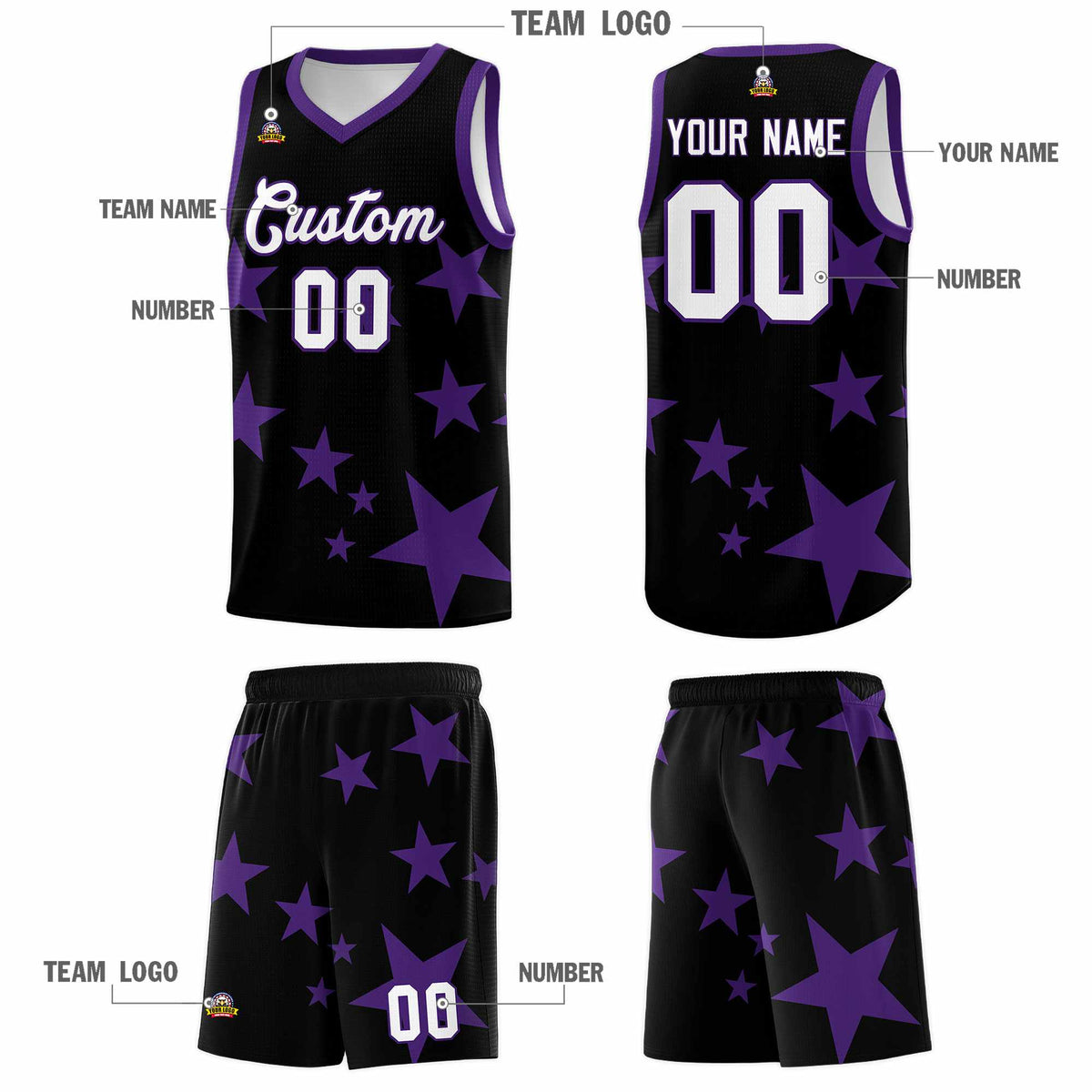 Custom Black Purple Graffiti Pattern Star Print Basketball Kits Sets
