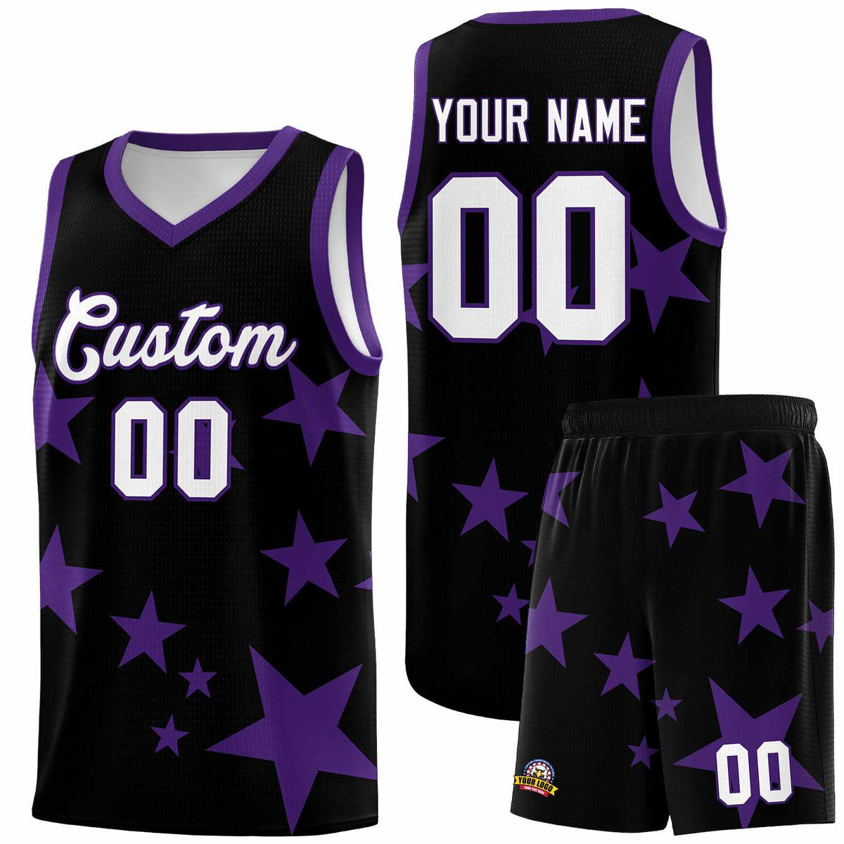 Custom Black Purple Graffiti Pattern Star Print Basketball Kits Sets