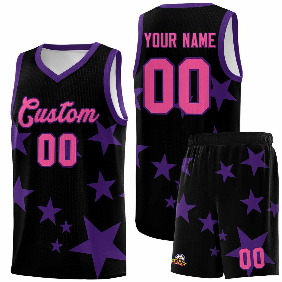 Custom Black Purple Graffiti Pattern Star Print Basketball Kits Sets