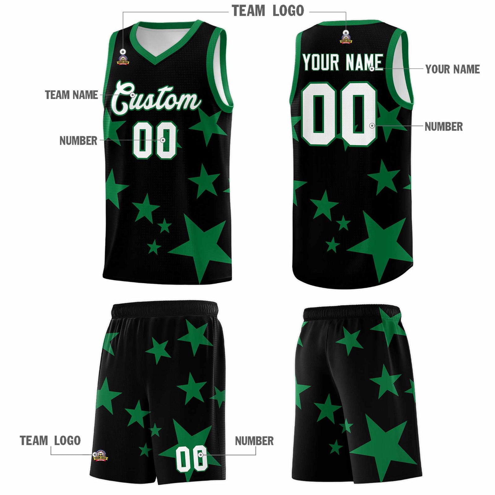 Custom Black Kelly Green Graffiti Pattern Star Print Basketball Kits Sets